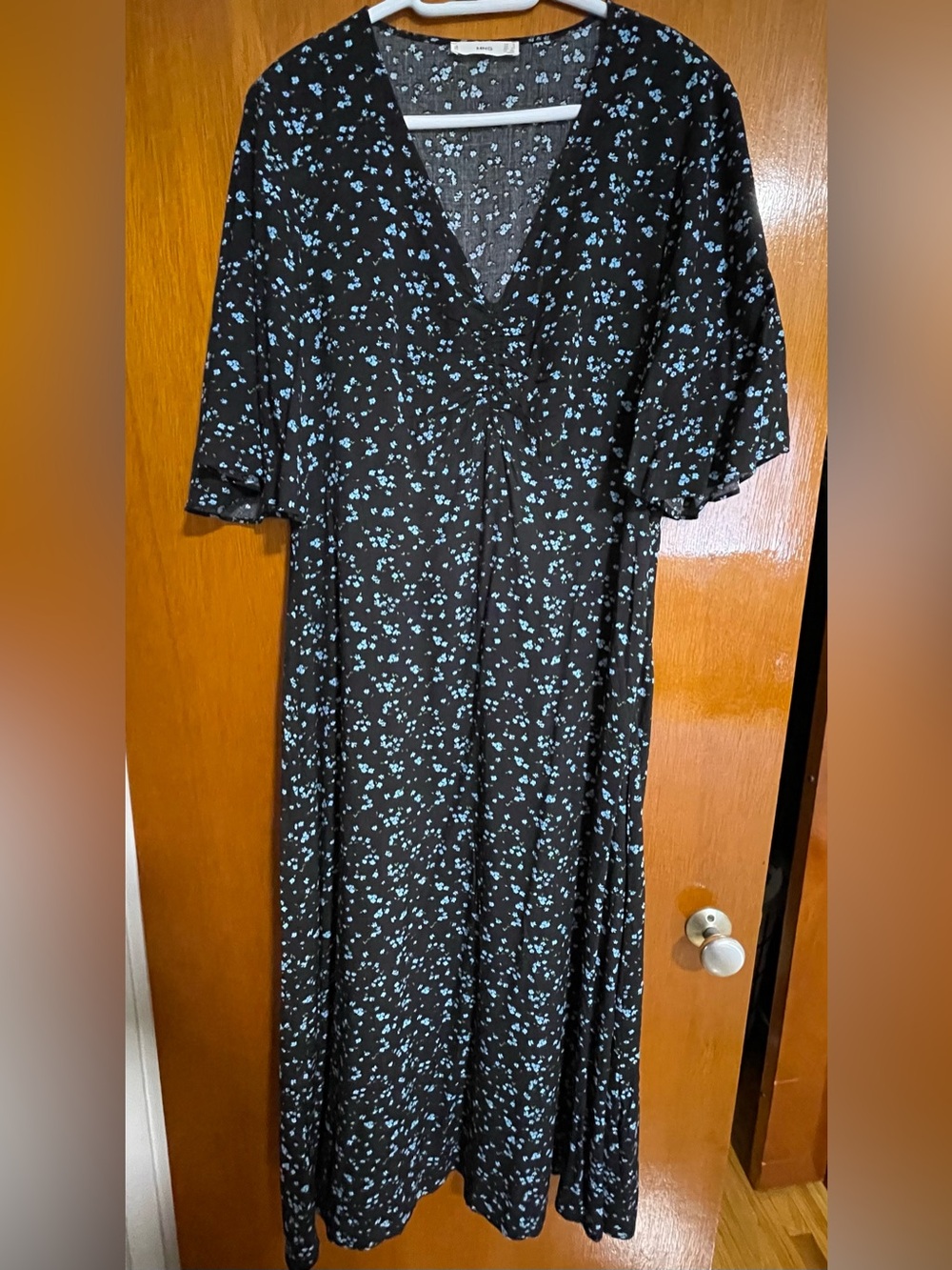 Mango Black Midi Dress with Light Blue Floral Print
